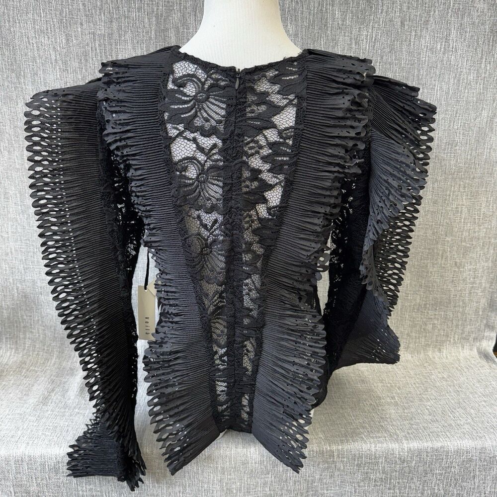 Voilà Black Pleated Lace Blouse L NWT Sheer Avant Garde Statement Ruffle Top - Picture 2 of 12